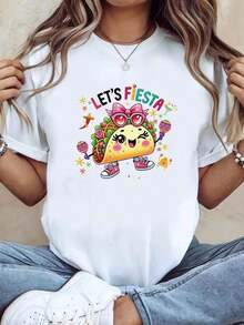 Conjuntos de Vacaciones para Mujer, Camiseta Blanca para Mujer, Estampado Vibrante "LET's FIESTA" para Fiesta Mexicana del Cinco de Mayo, Camiseta de Manga Corta con Cuello Redondo - Lavable a Máquina, Adecuada para Primavera, Verano y Otoño, Estilo Casual, Ajuste Cómodo, Diseño Moderno Y2Y - Conjuntos de Primavera para Mujer, Ropa de Verano, Blusas de Verano |   Diseño exquisito |   Suelto y cómodo |   Fácil de combinar | - Blanco - Ver 2