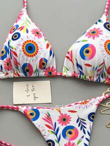Bộ bikini gợi cảm buộc dây cổ, họa tiết kẻ caro và hoa dành cho nữ - Nhiều màu - Xem 6
