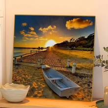 1幅全新5D圆形亚克力钻石画马赛克工艺品，以图中所示的日落海滩小船景色为原型，手工镶嵌钻石，可点亮家居墙面装饰。它是一件装饰艺术品，也适合作为节日礼物送给女友、父母、朋友，传递真挚的祝福，让艺术与温暖陪伴生活。不含画框 - 圓鑽 - 查看 2