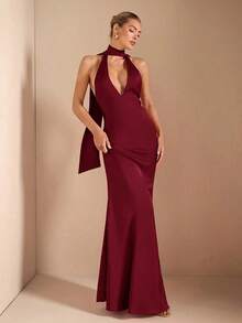 Vestido de punto de tirantas con escote profundo, espalda con lazo y cola de pez, color rojo sólido, sexy y elegante, adecuado para cócteles, citas románticas, capas en otoño/invierno, fiestas, bodas de damas de honor, salidas nocturnas, Halloween y Navidad - Burdeos - Ver 3