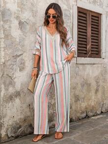 Conjunto casual de 2 piezas de camisa de manga 3/4 con cuello en V a rayas y pantalones para vacaciones de mujer - Multicolor - Ver 4