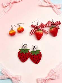 3 Styles Available, Cute Fruit Earrings, Faux Strawberry & Bow Earrings, Versatile Daily Wear - Silver - View 1
