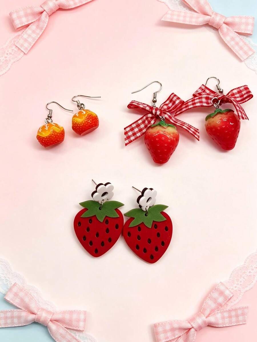 3 Styles Available, Cute Fruit Earrings, Faux Strawberry & Bow Earrings, Versatile Daily Wear - Silver - View 1