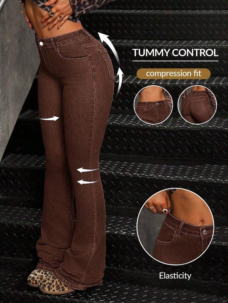 Women's Casual Pocketed Mid-Waist Skinny Flare Jeans - Café integral - Ver 1