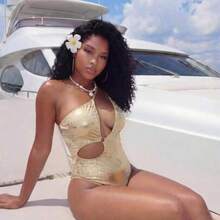 Summer Beach Marble Print Cut Out One Shoulder One Piece Swimsuit - Dorado - Ver 1