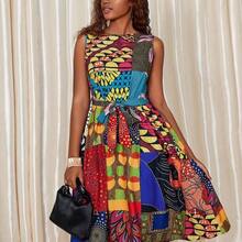 Women's African Mixed Print Sleeveless Round Neck Casual Dress, Random Print - Multicolor - Ver 6