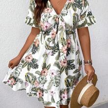 Plus Size Women's Plant And Floral Print Front Tie Dress, Suitable For Summer - Verde - Ver 5