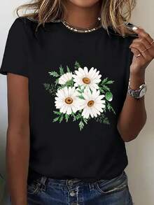 Camiseta de talla grande para mujer - Estampado floral de margaritas en blanco y negro, corte holgado, informal, de manga corta, transpirable, cuello redondo, estilo euro-americano, camiseta cómoda para el día a día. - Blanco - Ver 6
