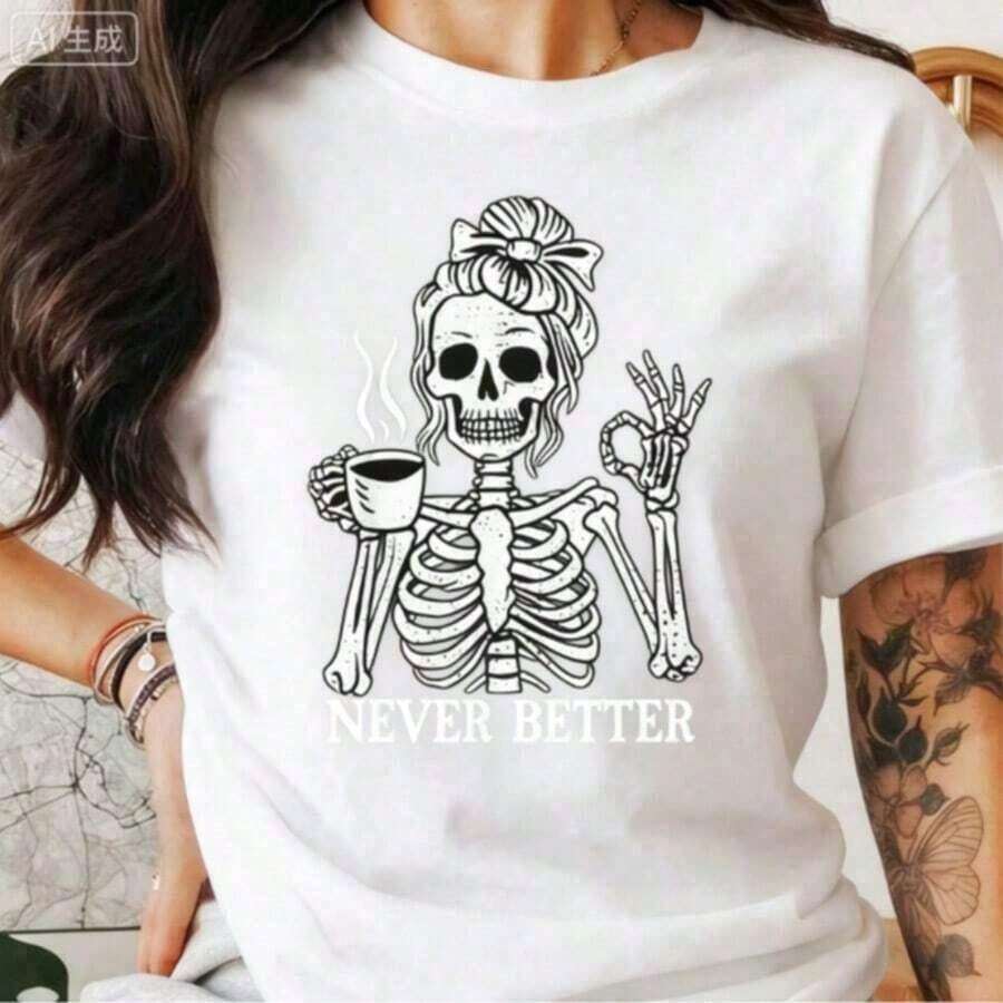 100% cotton Camiseta de Amante del Café con Esqueleto, Esqueleto Divertido Nunca Mejor, Camiseta Gráfica de Esqueleto para Halloween, Diseño Gótico de Esqueleto, Camisetas Gráficas 100% de Algodón Cómodo - Blanco - Ver 1