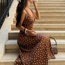 PariChic 2026 New Arrival Women's Polka Dot Satin Slip Dress With Lace Trim, V Neck Sleeveless Split Hem Maxi Dress, Elegant Spring Summer Vacation Date Night Long Dress For Women - Multicolor - Ver 6