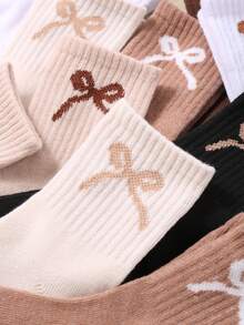 6 Pairs Girls' Bow Decor Casual Socks, Suitable For Indoor, Party, Matching, Shopping, Beach, Vacation And Other Occasions, Retro Color Tone - Multicolor - View 4