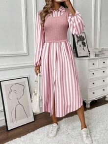 XHEPariaura 1 pieza Vestido camisa de manga larga informal para mujer con aspecto en capas, atuendo de mujer maxi de otoñoXHE - Rosa - Ver 5