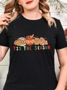 Camiseta de Mujer% Algodón, Camiseta de Mujer con Estampado Tis Season que muestra una taza de chocolate caliente y destellos, diseño festivo navideño, top casual de manga corta para celebraciones navideñas. Ligera, transpirable, éxito de  de verano. - Negro - Ver 7
