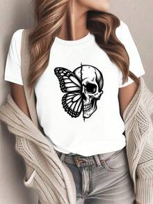 Women's Gothic T-Shirt With Maosa Wings And Skull - Casual Short Sleeve Gothic-Boho Top With Geometric Ladybug/1-SKULL Print, Machine Washable Blouse For All Seasons, Ideal For Casual Outfits And Themed Events - 白色 - 查看 1