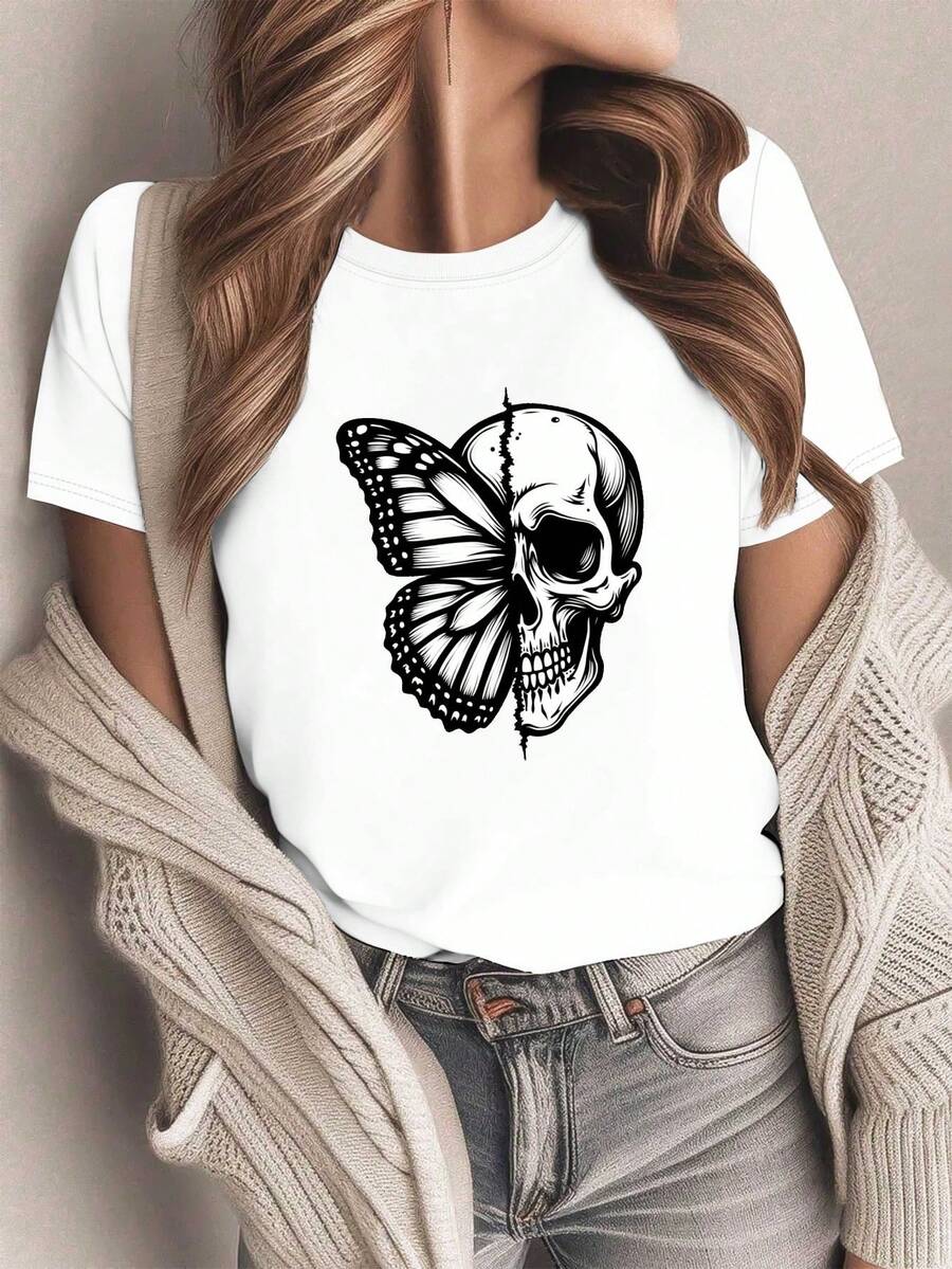Women's Gothic T-Shirt With Maosa Wings And Skull - Casual Short Sleeve Gothic-Boho Top With Geometric Ladybug/1-SKULL Print, Machine Washable Blouse For All Seasons, Ideal For Casual Outfits And Themed Events - 白色 - 查看 1
