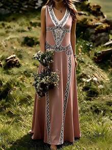 Women's Retro Fashion Viking Celtic Art V-Neck Sleeveless Long Dress - 軍綠色 - 查看 5