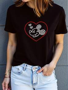 Casual Crew Neck T-Shirt With Heart-Shaped Mouse Print - Women's Y2K Style Short Sleeve T-Shirt, Comfortable For All Seasons, Machine Washable, Fashionable Outfit Made Of High-Quality Fabric [1]-Unisex Cotton Loose Fit Short Sleeve Crew Neck Urban Vintage Style T-Shirt - 黑色 - 查看 1