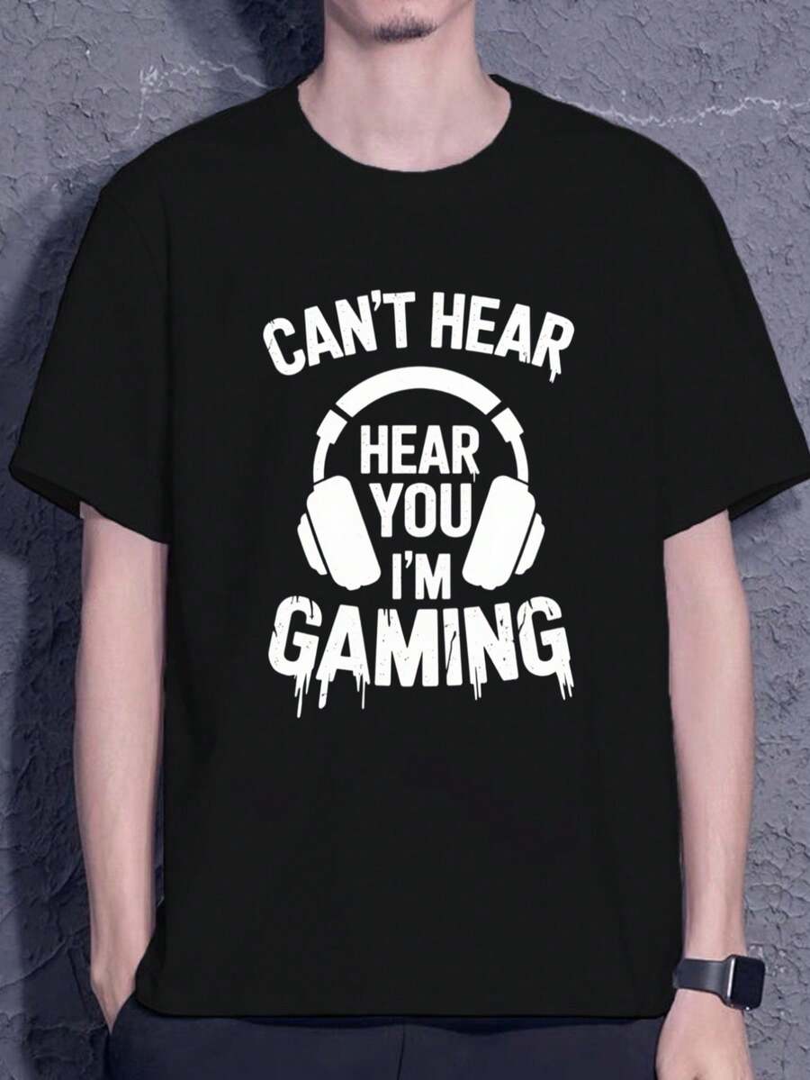 Men's Casual Black Summer T-Shirt, 100% Graphic Print, With Headphones And The Text 'I Can't Hear You, I'm Playing' For Gamers. Soft Touch, Comfortable Fit, Smooth Feel, Non-Irritating. Loose And Comfortable For Summer. - Back - View 1