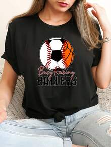1 BALLERS Printed T-Shirt, Short-Sleeved Sports T-Shirt With Round Neck, Modern And Casual, Casual Daily Top, 180g 100% Cotton. - 黑色 - 查看 11