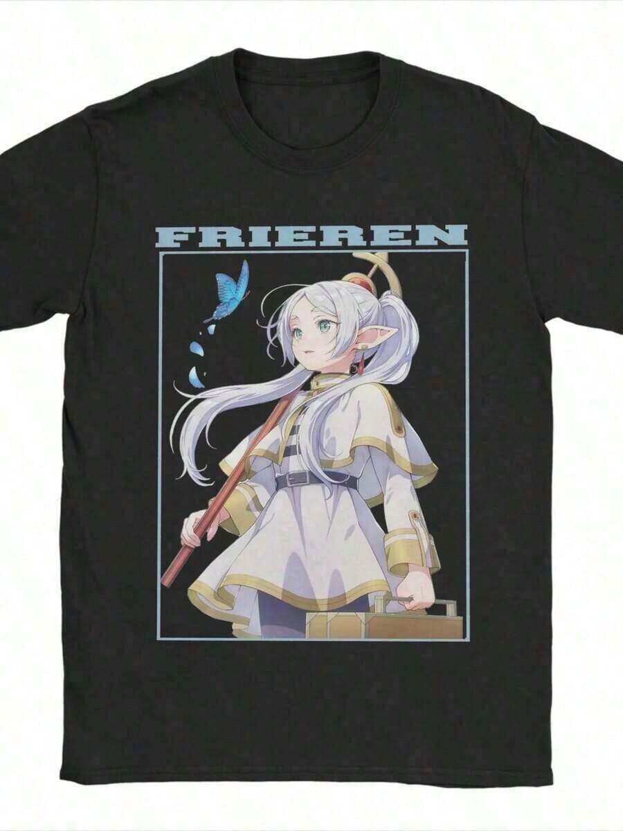Camiseta de hombre Sousou No Frieren, camiseta vintage de anime japonés, camiseta de manga corta con cuello redondo, ropa gráfica de algodón puro, camiseta suelta, casual y versátil - Blanco - Ver 1
