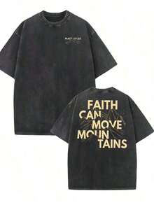 Faith Can Move Mountains, Letter Print, High Quality Washed T-Shirts, Modern And Versatile Tees, Men's Outerwear. (Retro Style, Heavyweight, Unisex) - 黑色 - 查看 1
