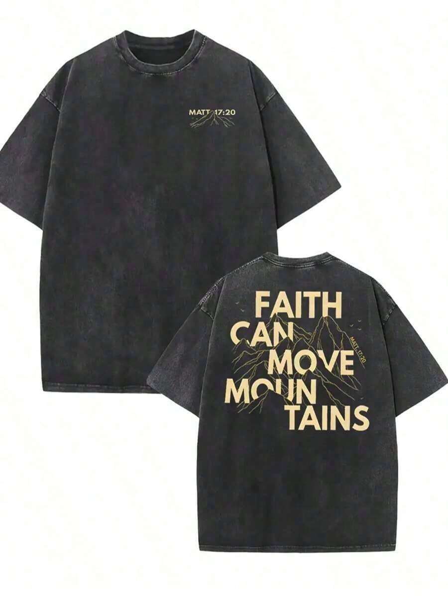 Faith Can Move Mountains, Letter Print, High Quality Washed T-Shirts, Modern And Versatile Tees, Men's Outerwear. (Retro Style, Heavyweight, Unisex) - 黑色 - 查看 1