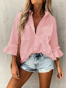 ZZLCasual Elegant And Modern Blouse With Button Collar And 3/4 Sleeves, Minimalist Top With Ruffled Cuffs And 3/4 Sleeves, White Spring Blouse For Women - 粉色 - 查看 12