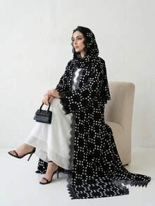 Hafizah Women's New Polka Dot Chiffon Cardigan Abaya With Headscarf, Lace Patchwork Fashion Long Robe - Black - View 2