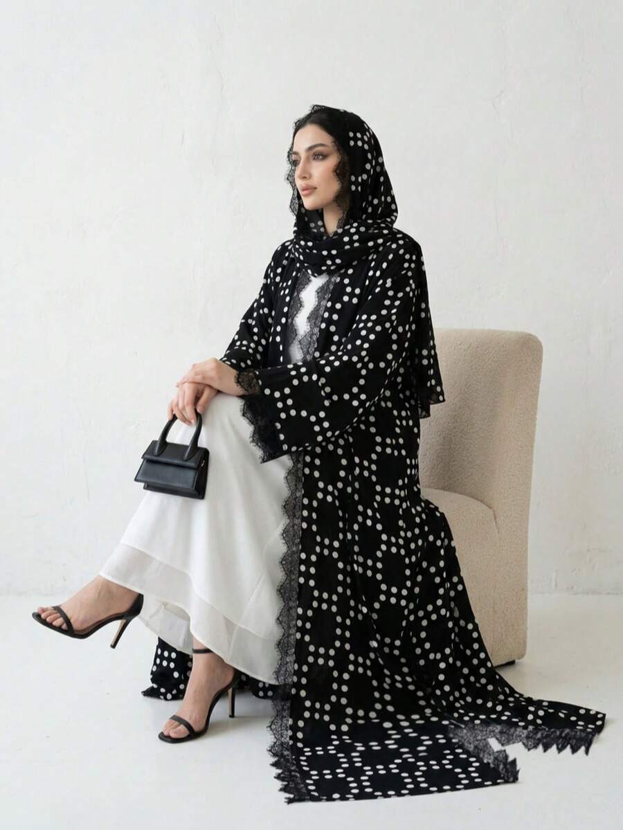 Hafizah Women's New Polka Dot Chiffon Cardigan Abaya With Headscarf, Lace Patchwork Fashion Long Robe