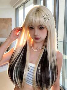 26 Inch Black Straight Layered Bangs Wig, Heat Resistant Synthetic Hair, Natural Daily Use - Black Highlight - View 2