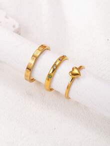 3pcs Fashionable Minimalist Stainless Steel Hollow Heart Diamond Inlaid Couple Rings Set, Suitable For Daily Wear, Holiday & Date Gift - Gold - View 12