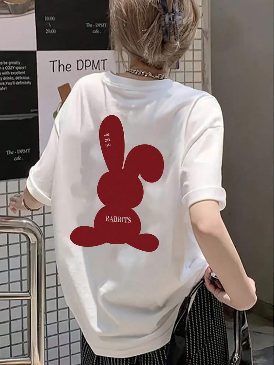 Classic Crew Neck T-Shirt With Red Rabbit Print, Casual Short Sleeve Top For Spring Summer, Women's Clothing, Summer T-Shirt - 白色 - 查看 1