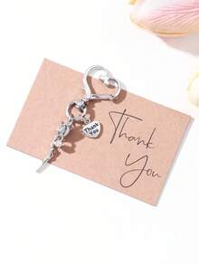 1 pieza Llavero con forma de corazón de flor de rosa de aleación de plata con colgante "Gracias", regalo de tarjeta de bendición para amigos - Plata antigua - Ver 4
