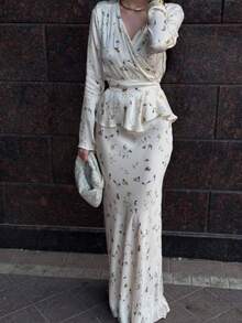 Top manga larga escote en V sensual y delicado + falda larga elegante, moda europea americana verano 2026 - Estampado de albaricoque - Ver 5
