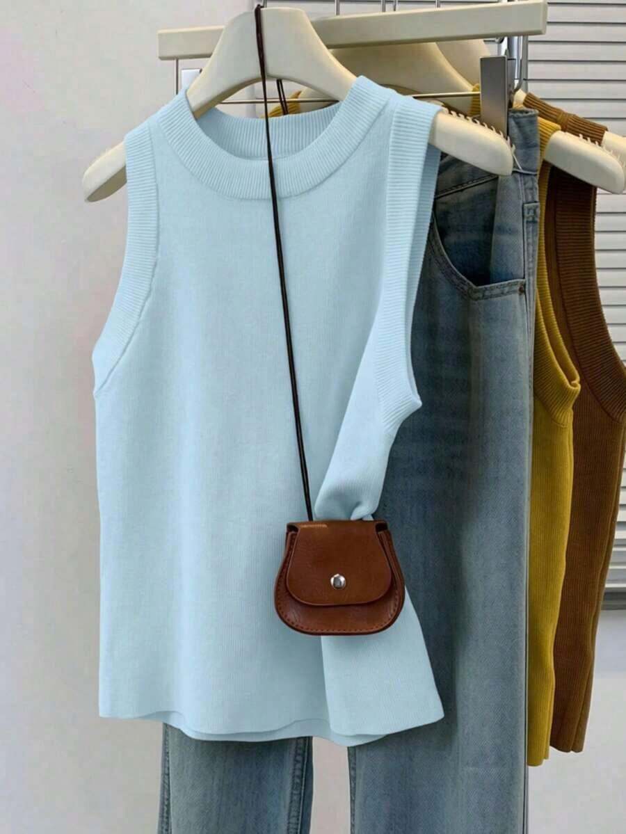 Top de punto de cuello redondo en color sólido para mujer de , minimalista y versátil, para verano. - Celeste - Ver 1