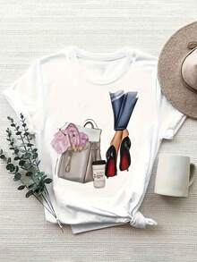 Fashionable Plus-Size Women's Handbag With High Heel Print, Casual Short-Sleeved Round-Neck T-Shirt, Comfortable And Breathable For Everyday Wear - 白色 - 查看 7