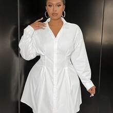 Plus Size Women Elegant Casual Office Lady White Waisted Long Sleeve Shirt Dress, Autumn,Graduation Dress - Celeste - Ver 4