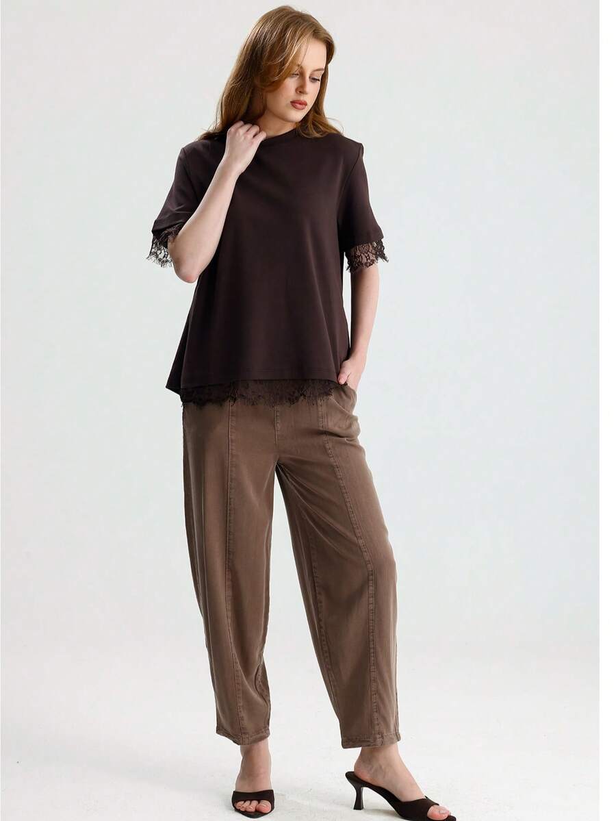RoseArya Premium Cotton Lace Sleeve & Back T-Shirt - Brown - View 1