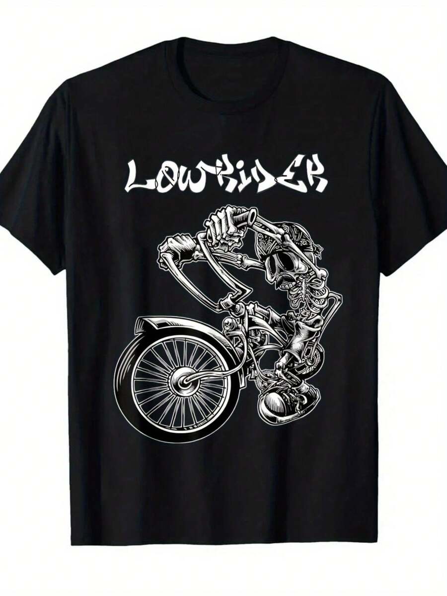 Camiseta de hombre de alta resistencia% algodón de corte bajo - Corte holgado con estampado de calavera de motociclista y la inscripción LOWRIDER - Camiseta transpirable de estilo urbano de verano adecuada para entusiastas (lavable aáquina). - Negro - Ver 1