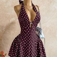 Women's Polka Dot V-Neck Hollow Waist A-Line Mini Dress, Suitable For Party, Christmas, Date, Nightclub, Bohemian, Boho, Vacation, Fall - Azul y blanco - Ver 4
