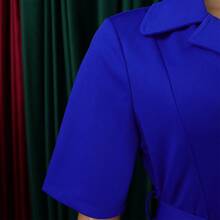 New 2026 Women's Summer Dress Lapel Collar Short Sleeve Solid Color High Waist Flared - 寶藍色 - 查看 5