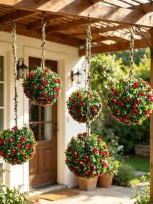 1 pieza Bola de topiario de hojas de eucalipto rojo artificial, bola de topiario de rosas rojas falsas, bola de flores artificiales adecuada para decoración interior/exterior de bodas, fiestas, hogar, jardín, balcón, porche, oficina en casa, decoración de pared, ventana y balcón - Multicolor-A - Ver 1
