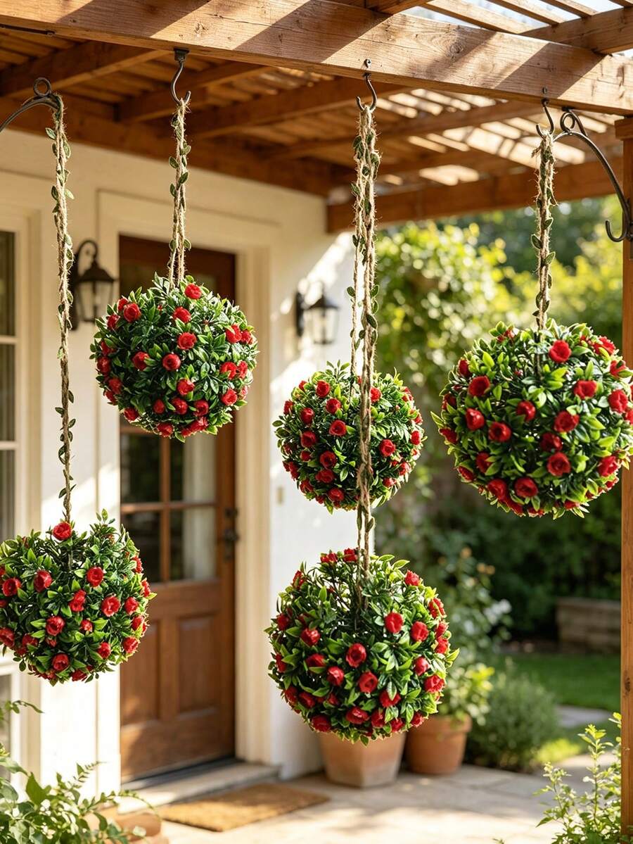 1 pieza Bola de topiario de hojas de eucalipto rojo artificial, bola de topiario de rosas rojas falsas, bola de flores artificiales adecuada para decoración interior/exterior de bodas, fiestas, hogar, jardín, balcón, porche, oficina en casa, decoración de pared, ventana y balcón - Multicolor-A - Ver 1
