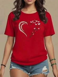 Heart Formed By A Crescent Moon With Animal Print And Butterflies That Symbolize Love And Freedom, Women's T-Shirt, 100% Soft And Comfortable Cotton For Everyday Use, Maija Women. - 紅色 - 查看 8