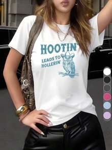 Tops de Verano - Estilo Y2K - Camiseta Casual de Moda para Mujer, Color Sólido, Cuello Redondo, Manga Corta, Tallas XS-XXL, Sudadera "Hootin Leads To Hollerin", Camiseta Divertida de Estilo Country, Camisa Western para Mujer, Regalo Vintage de Cowgirl, Camiseta Western con Búho, Camiseta Divertida con Cuello Redondo y Búho, Top Cómodo para Todas las Temporadas, Atuendo para Concierto Country 2026 |   Diseño exquisito |   Suelto y cómodo |   Fácil de combinar | - Blanco - Ver 8