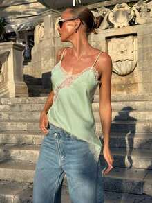 Camiseta de satén amarilla para mujer, top de tirantes sin mangas con cuello en V y encaje, elegante y sexy para uso casual, apropiado para uso diario, citas, oficina, brunch - Verde - Ver 1