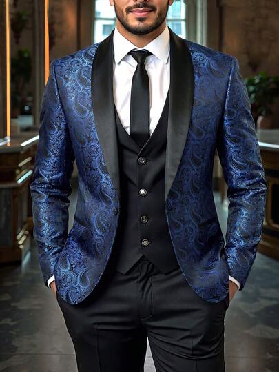 Áo vest nam họa tiết Paisley Jacquard, cổ bẻ, cài khuy đơn, thích hợp cho đám cưới và các sự kiện trang trọng.