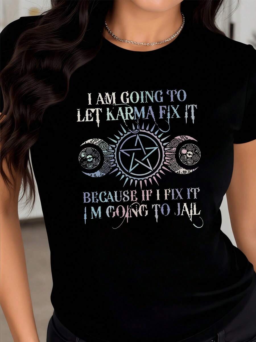 Símbolo espiritual de karma con sol y luna que representa el equilibrio entre la luz y la oscuridad y la fuerza interior camiseta de mujer casual moderna cómoda y elegante - Negro - Ver 1