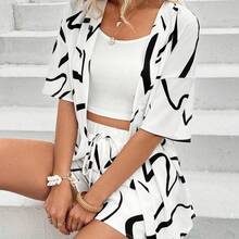 Random Printed Loose Fit Shirt And Short Set - Blanco y Negro - Ver 5