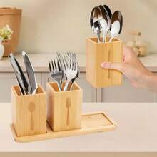 Bamboo Utensil Holder With Tray, Rustic Farmhouse Style Kitchen Utensil Organizer, Holds Spoons, Knives And Forks, Ideal For Kitchen And Dining Room - Wood Color - View 8